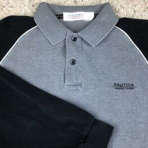 VTG Nautica Competition Mens Large Gray Blue Long Sleeve Polo Shirt Casual Warm